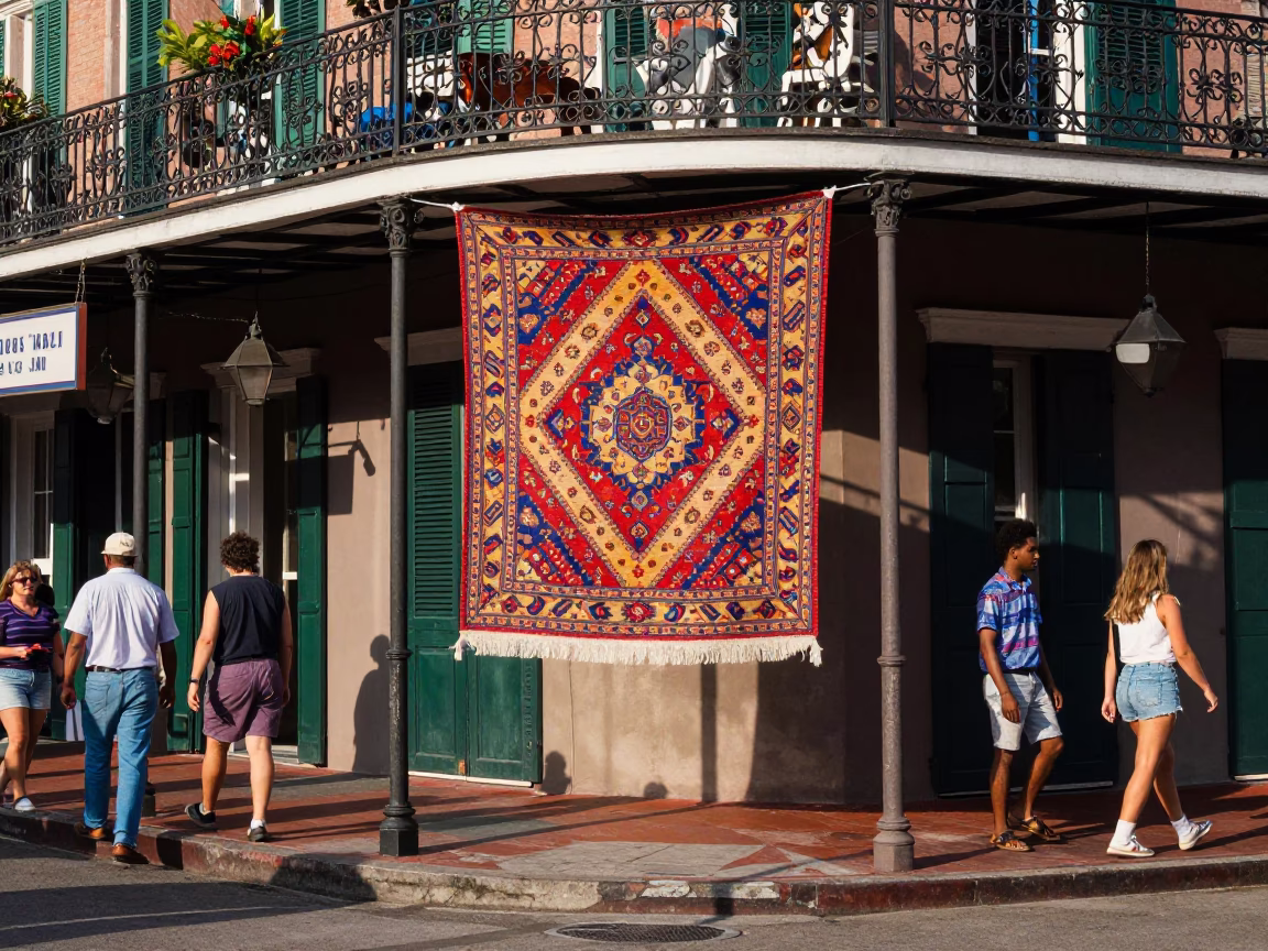Colorful Busy 1990s New Orleans Street Scene with Patterned Rug and Daily Life in in New Orleans, Louisiana, United States