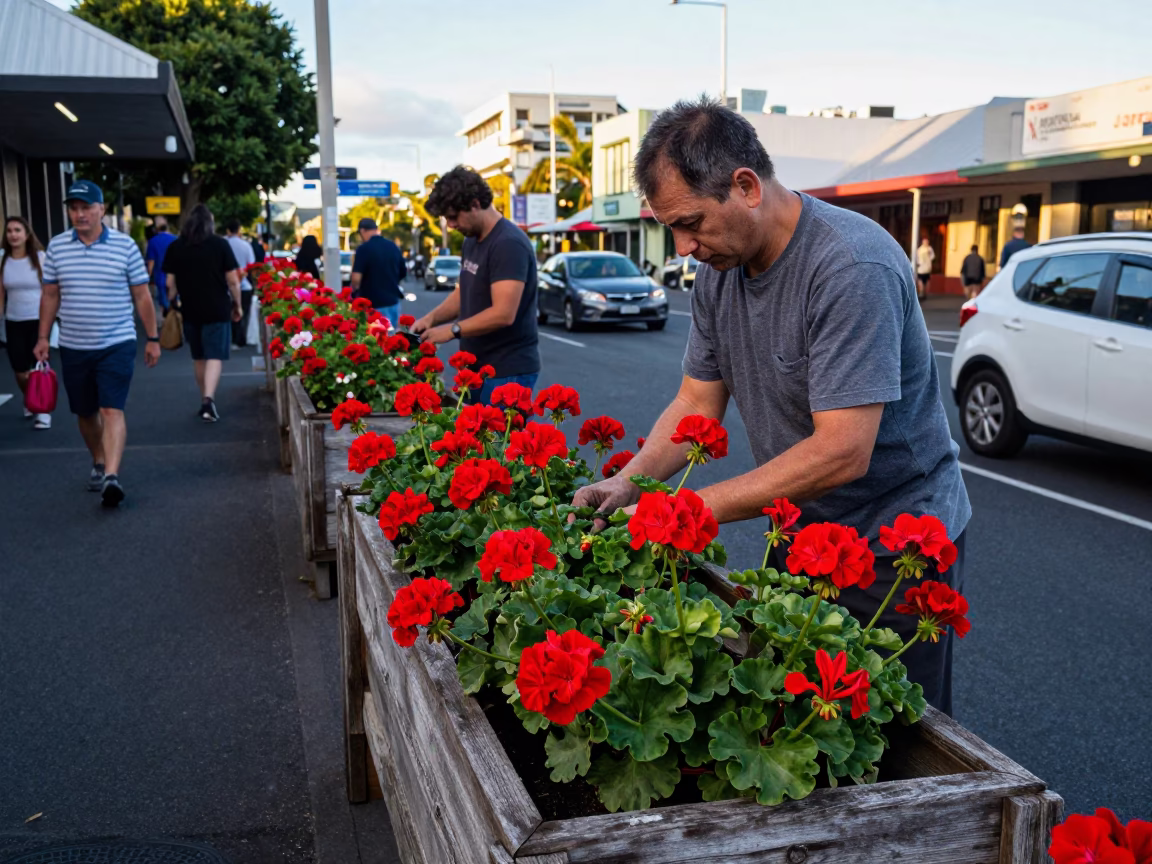 Colorful Busy Auckland Street Scene Early Afternoon with Geraniums and Pruning Shears in in Auckland, New Zealand