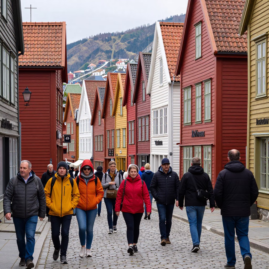 Colorful Busy Bergen Norway Midday Street Scene with Tourists and Traditional Houses in in Bergen, Norway