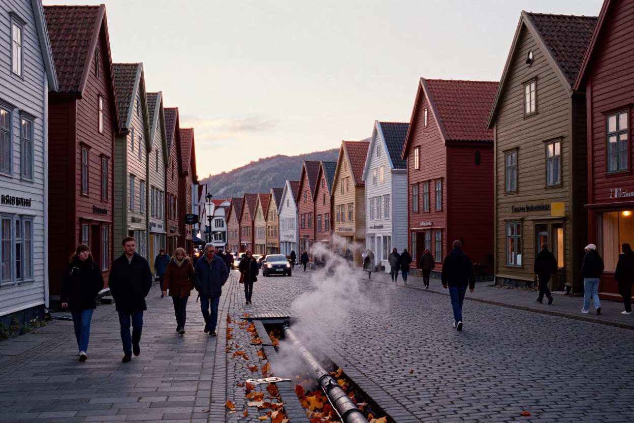 Colorful Busy Bergen Norway Street Scene at First Light Dawn with Local Activity in in Bergen, Norway
