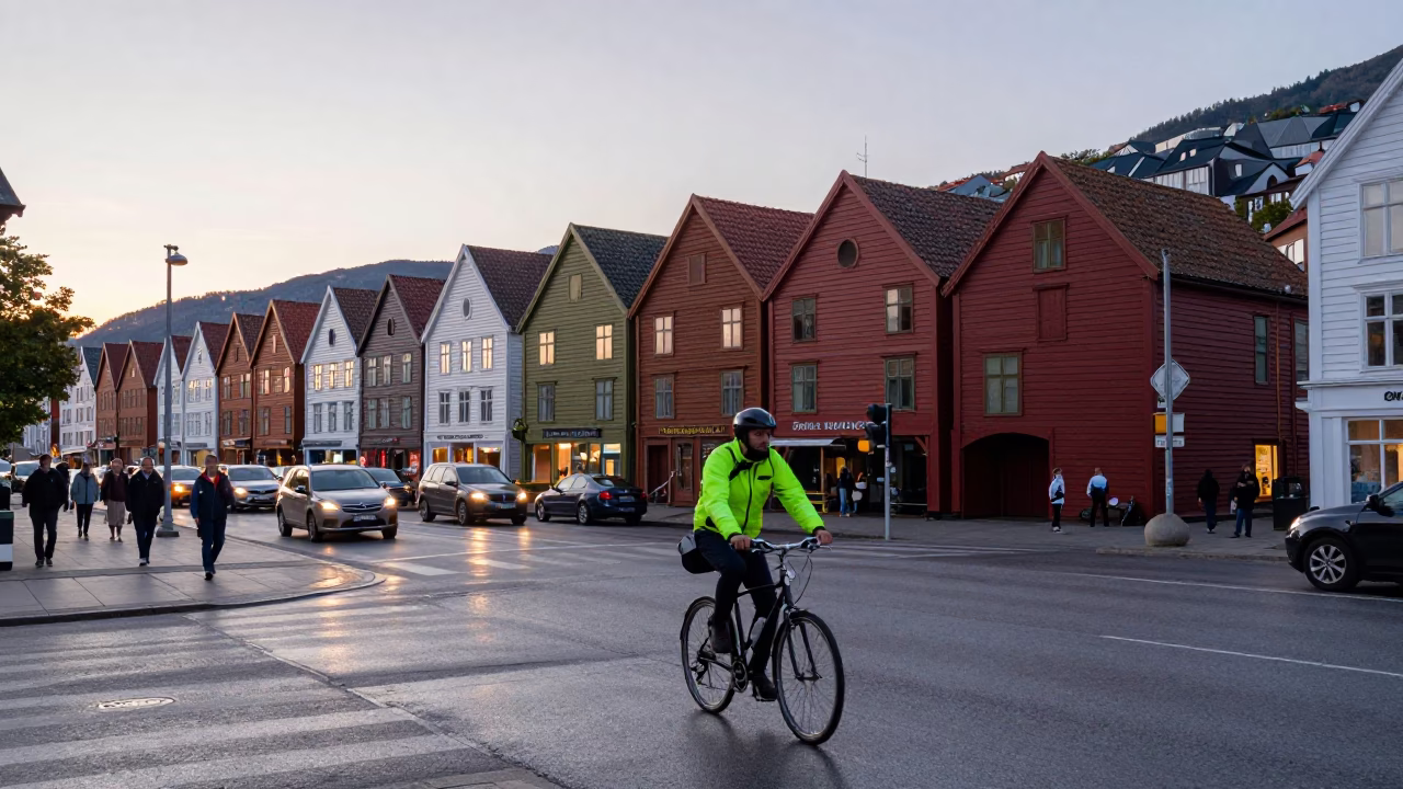 Colorful Busy Bergen Norway Street Scene Before Sunrise with Cyclist and Urban Details in in Bergen, Norway