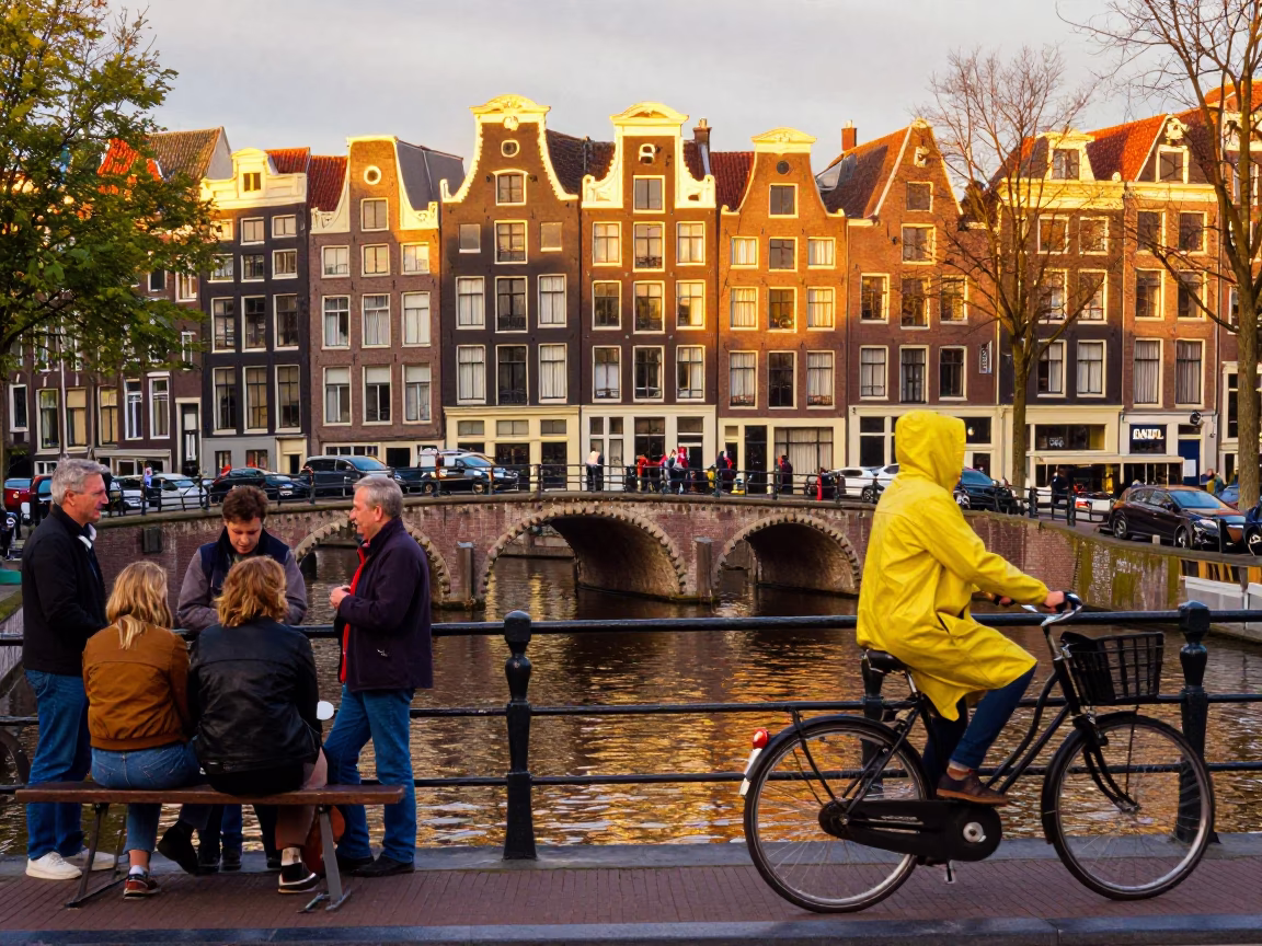 Colorful Busy Canal Scene in Amsterdam Netherlands Honeyed Evening Light in in Amsterdam, Netherlands