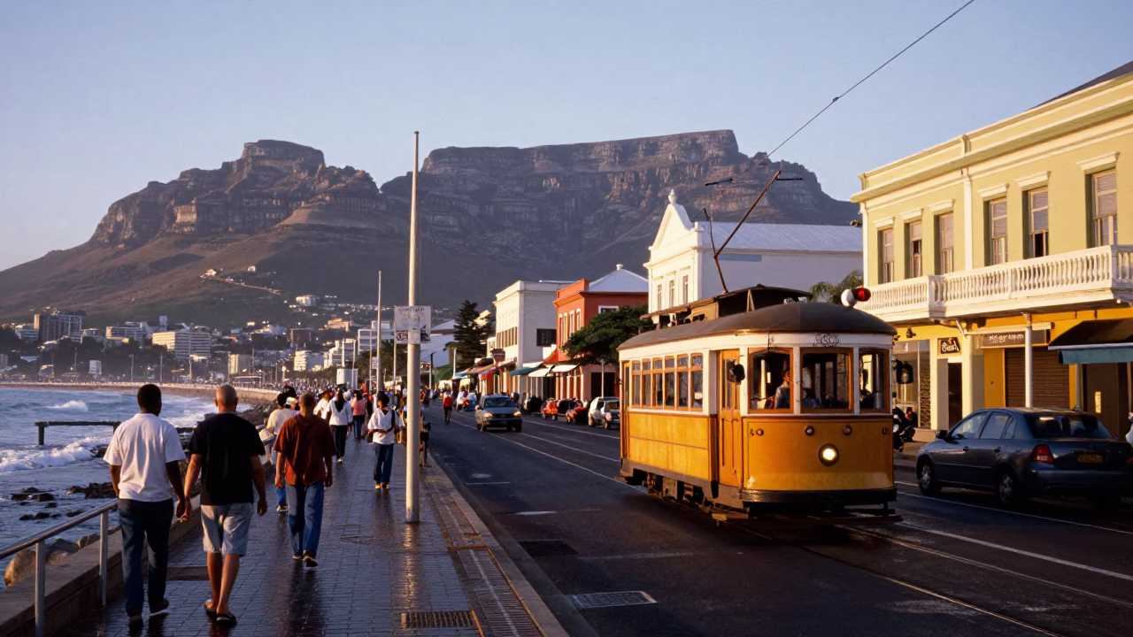 Colorful busy Cape Town street scene at dawn with heritage tram and coastal promenade in in Cape Town, South Africa