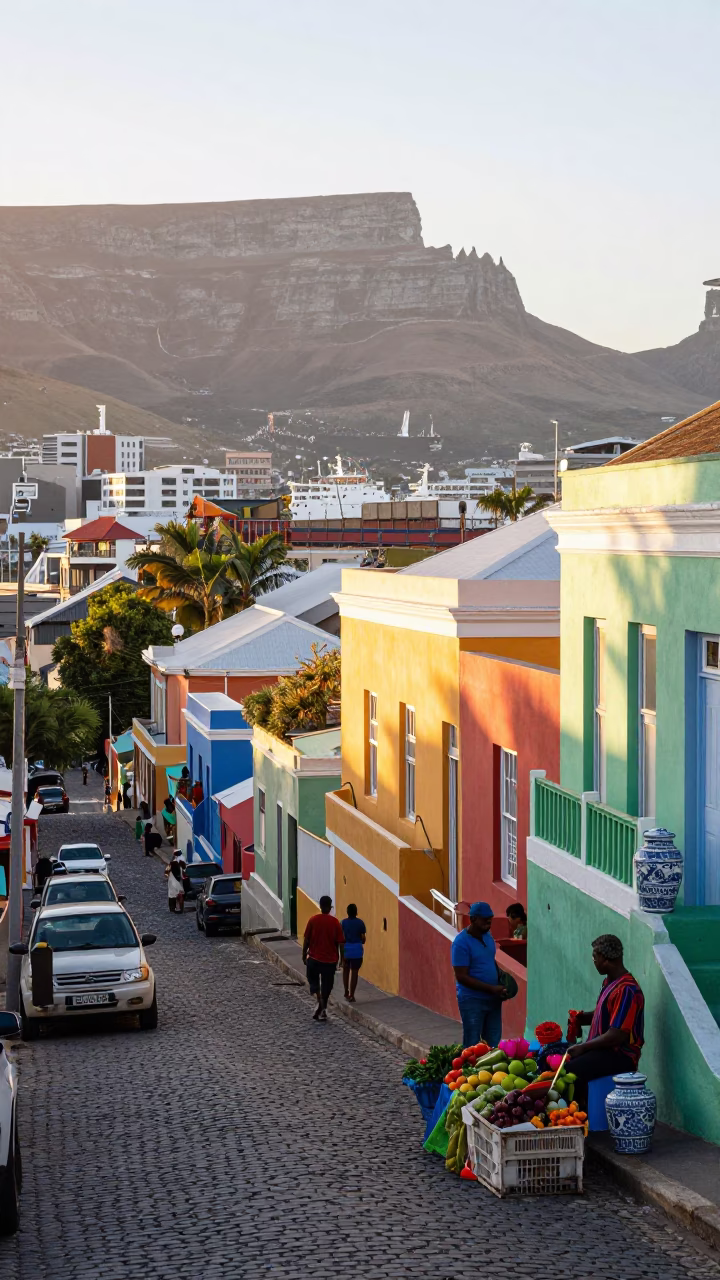 Colorful Busy Cape Town Street Scene Just After Sunrise with Cargo Ship Horizon in in Cape Town, South Africa
