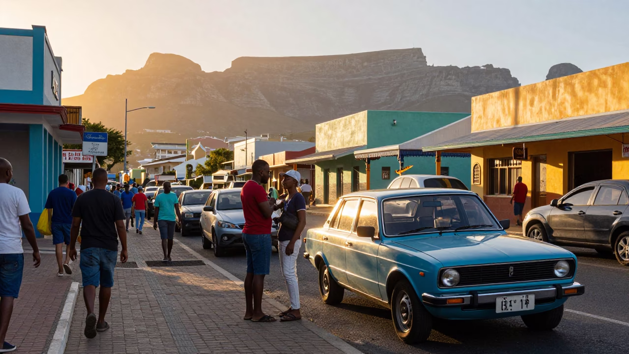Colorful Busy Cape Town Street Scene Just After Sunrise with Local Interaction in in Cape Town, South Africa