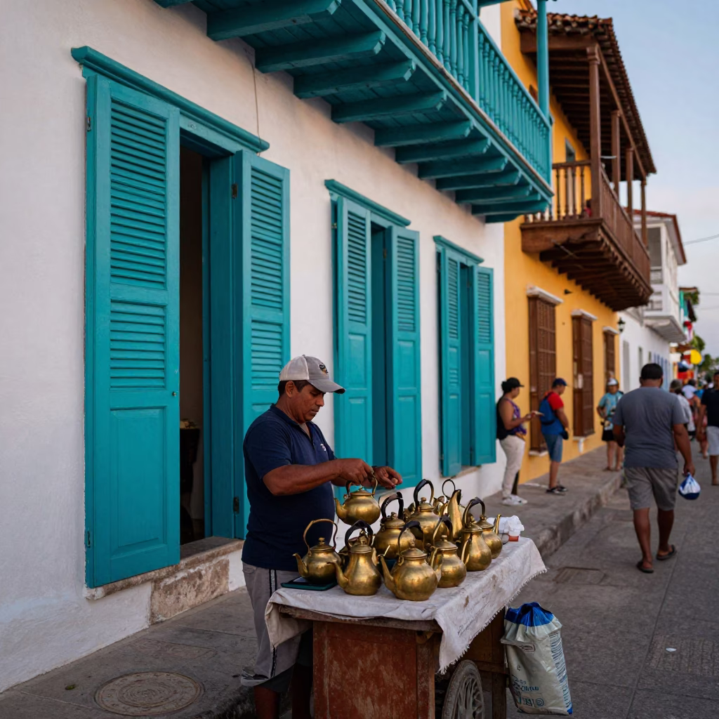 Colorful Busy Cartagena Colombia Street Scene Early Evening Local Vendor in in Cartagena, Colombia