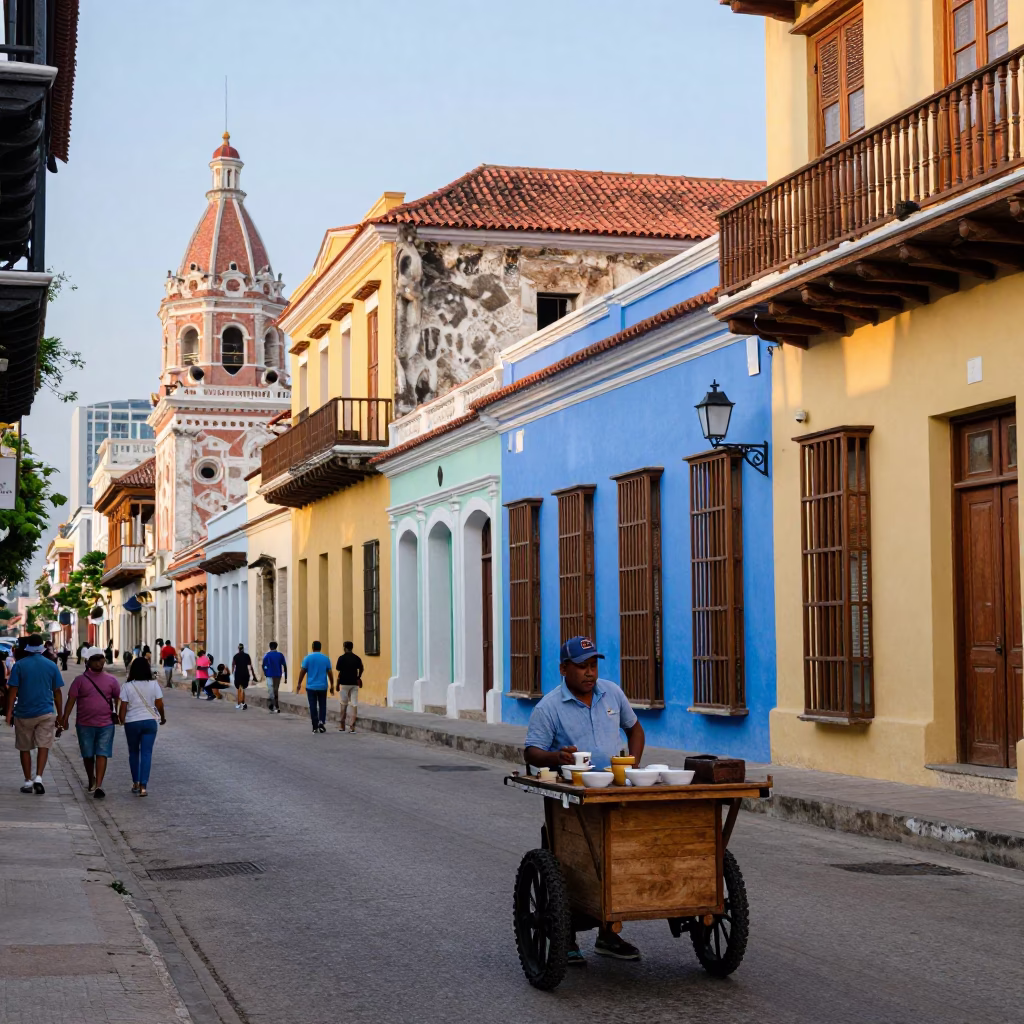 Colorful Busy Cartagena Street Scene Early Afternoon with Coffee and Garden Hose in in Cartagena, Colombia