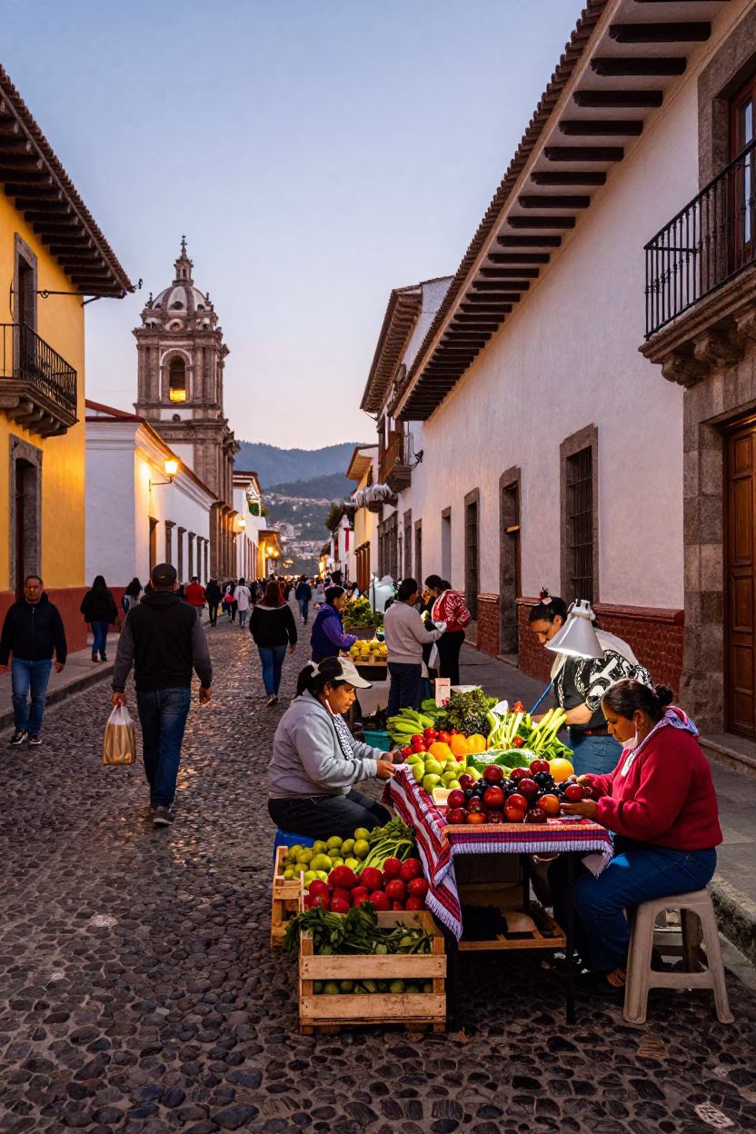 Colorful Busy Evening Street Scene in Quito Ecuador with Local Life and Traditional Elements in in Quito, Ecuador