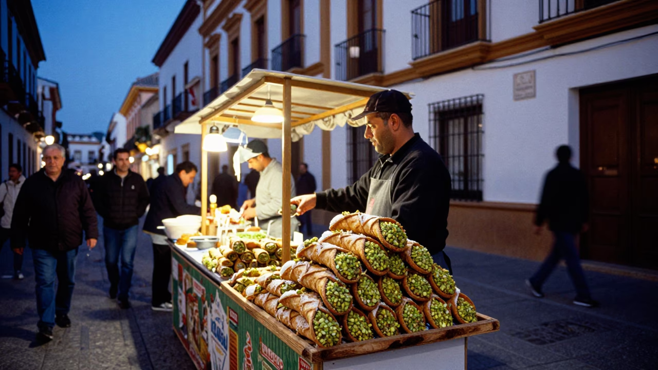 Colorful Busy Granada Spain Street Scene at Blue Hour with Traditional Elements in in Granada, Spain