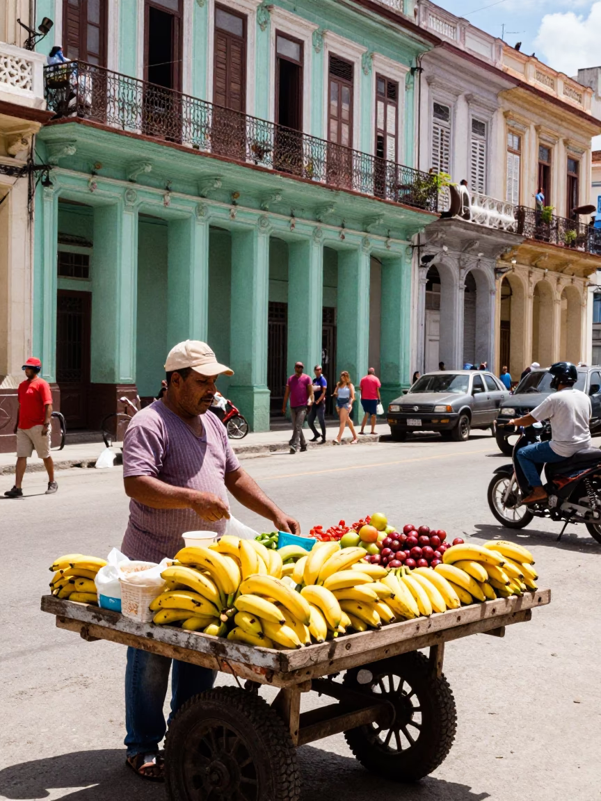 Colorful Busy Havana Cuba Street Scene Midmorning Light with Local Life in in Havana, Cuba