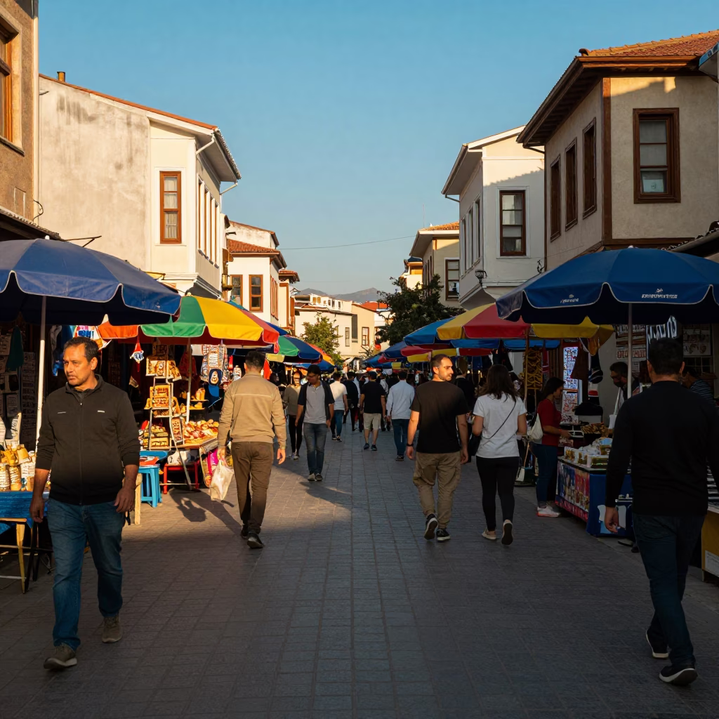 Colorful Busy Izmir Turkey Street Scene in Late Afternoon Light with Umbrellas in in Izmir, Turkey