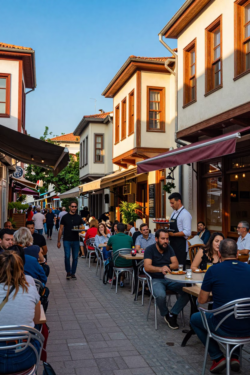 Colorful Busy Izmir Turkey Street Scene Late Afternoon Coffee Shop Exterior in in Izmir, Turkey