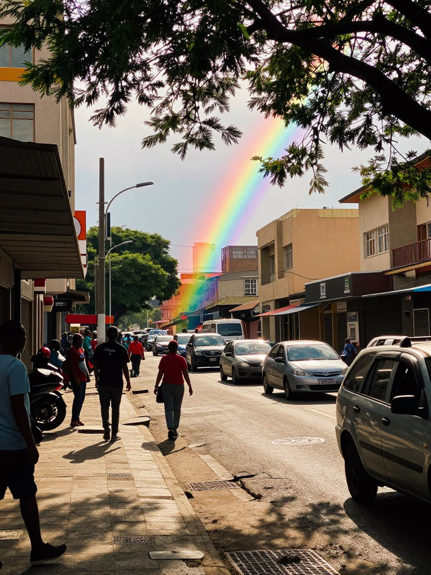 Colorful Busy Johannesburg Street Scene Late Morning with Rainbow Eucalyptus and Local Market Activity in in Johannesburg, South Africa