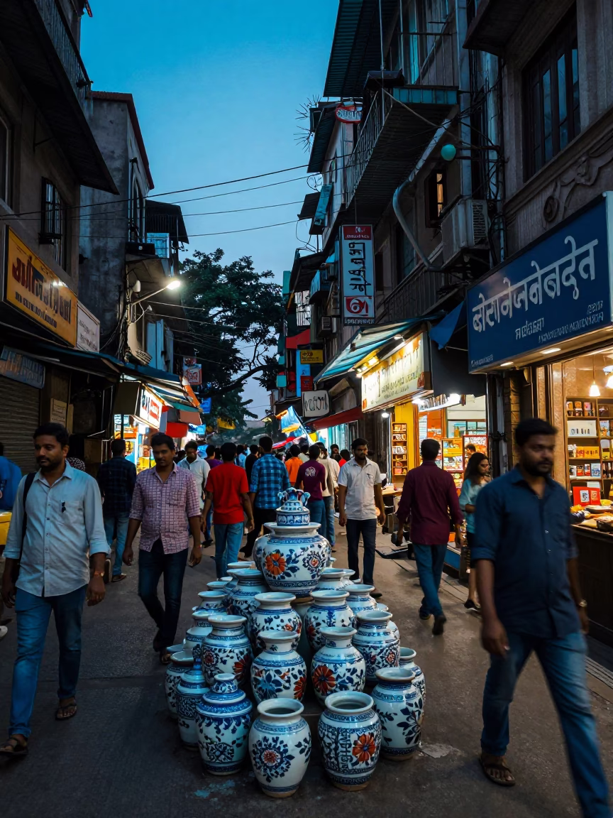 Colorful Busy Kolkata Street Scene Evening with Porcelain Jar and Wicker Shadow in in Kolkata, India