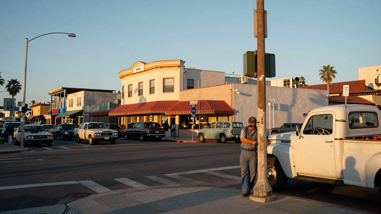 Colorful Busy Late Afternoon Street Scene in San Diego California with Vintage Details in in San Diego, California, United States