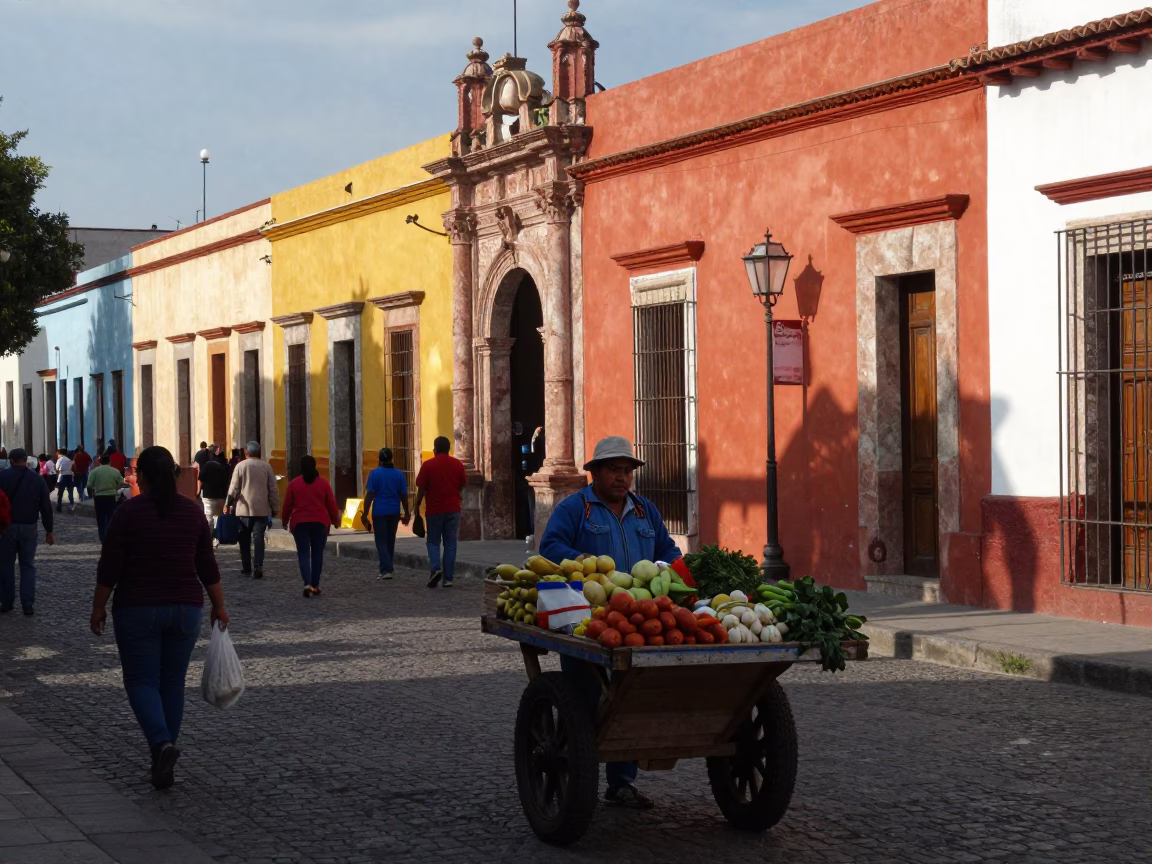 Colorful Busy Late Morning Street Scene in Oaxaca Mexico with Local Market Details in in Oaxaca, Mexico