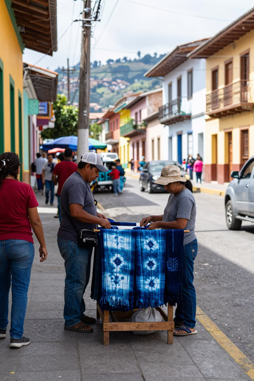 Colorful Busy Medellin Colombia Street Scene Midmorning Light with Indigo Fabric in in Medellin, Colombia