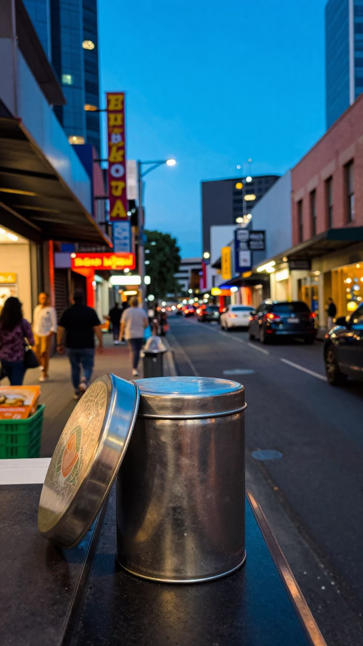 Colorful Busy Melbourne Evening Street Scene with Tiffin Tin and Incense Holder in in Melbourne, Victoria, Australia