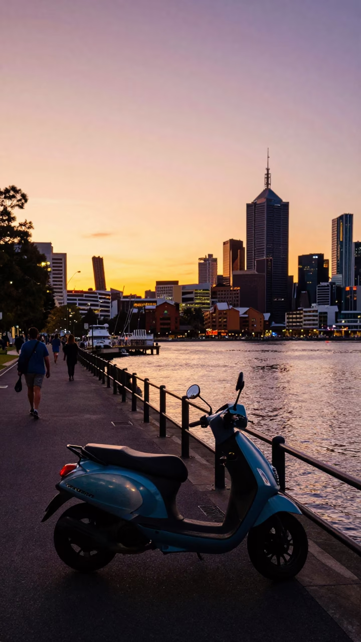 Colorful Busy Melbourne Sunset Scene with Scooter and Harbor Promenade in in Melbourne, Victoria, Australia