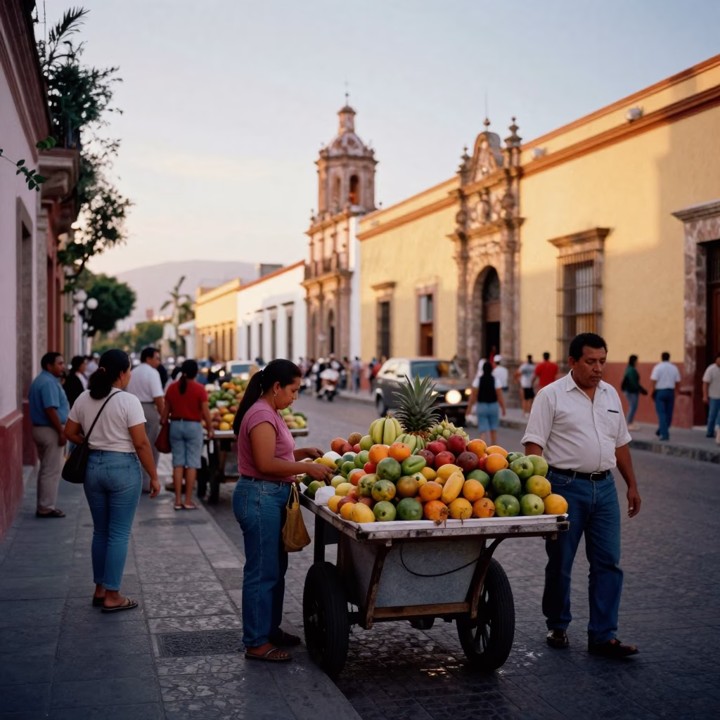 Colorful Busy Merida Mexico Early Evening Street Scene with Local Market Activity in in Merida, Mexico