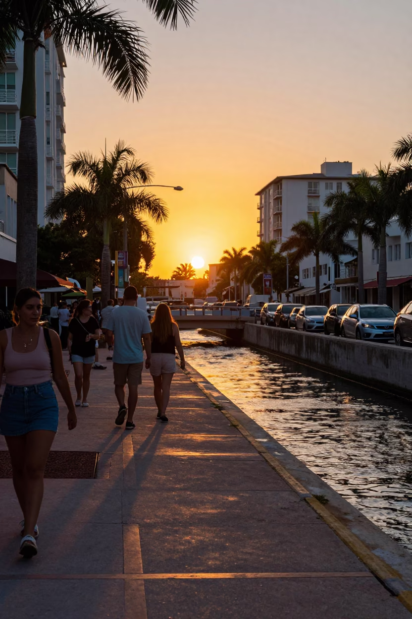 Colorful Busy Miami Sunset Street Scene with Concrete Canal and Reeds in in Miami, Florida, United States