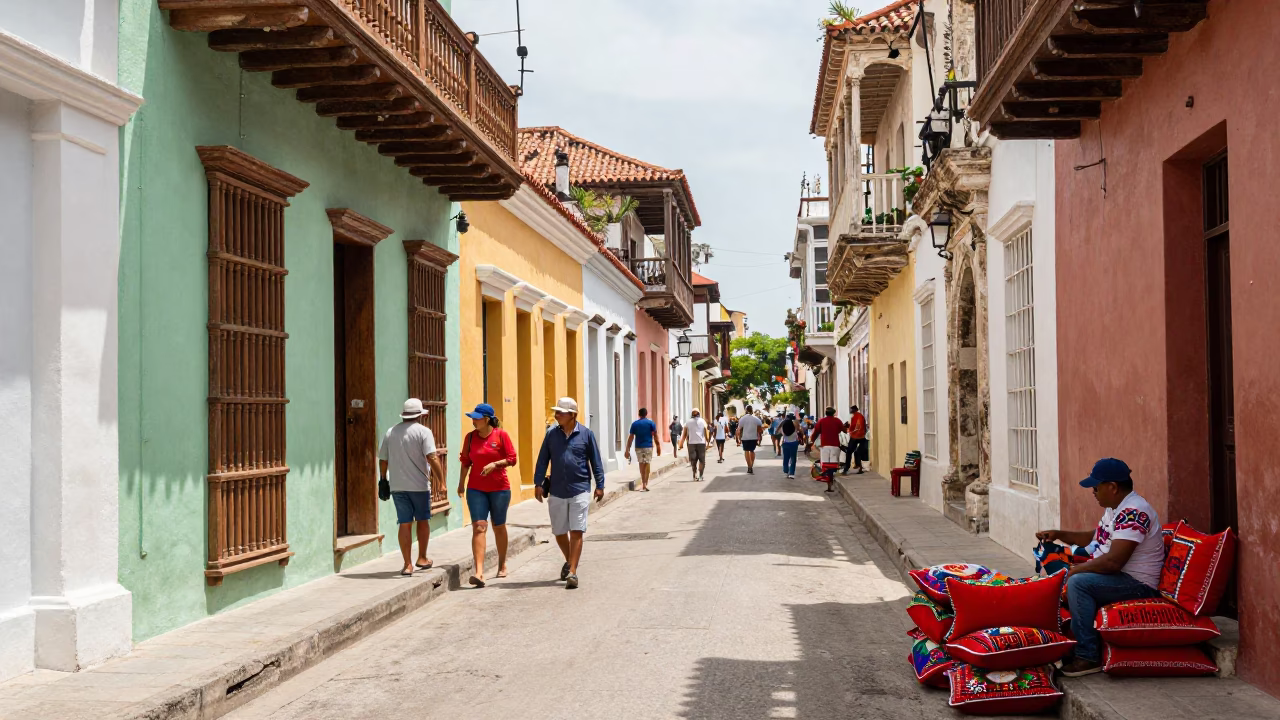 Colorful Busy Midday Street Scene in Historic Cartagena Colombia with Embroidered Cushions in in Cartagena, Colombia