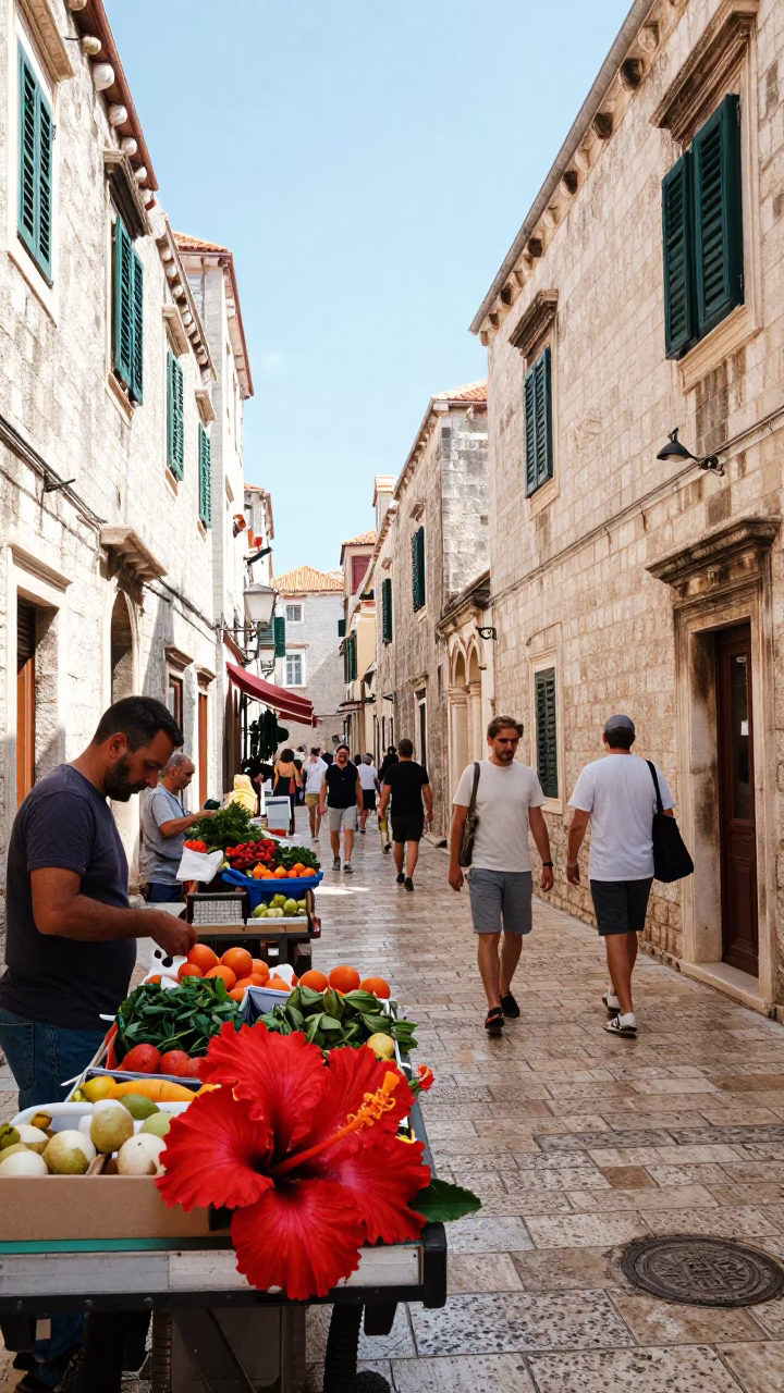 Colorful Busy Midmorning Street Scene in Dubrovnik Croatia with Traditional Architecture in in Dubrovnik, Croatia