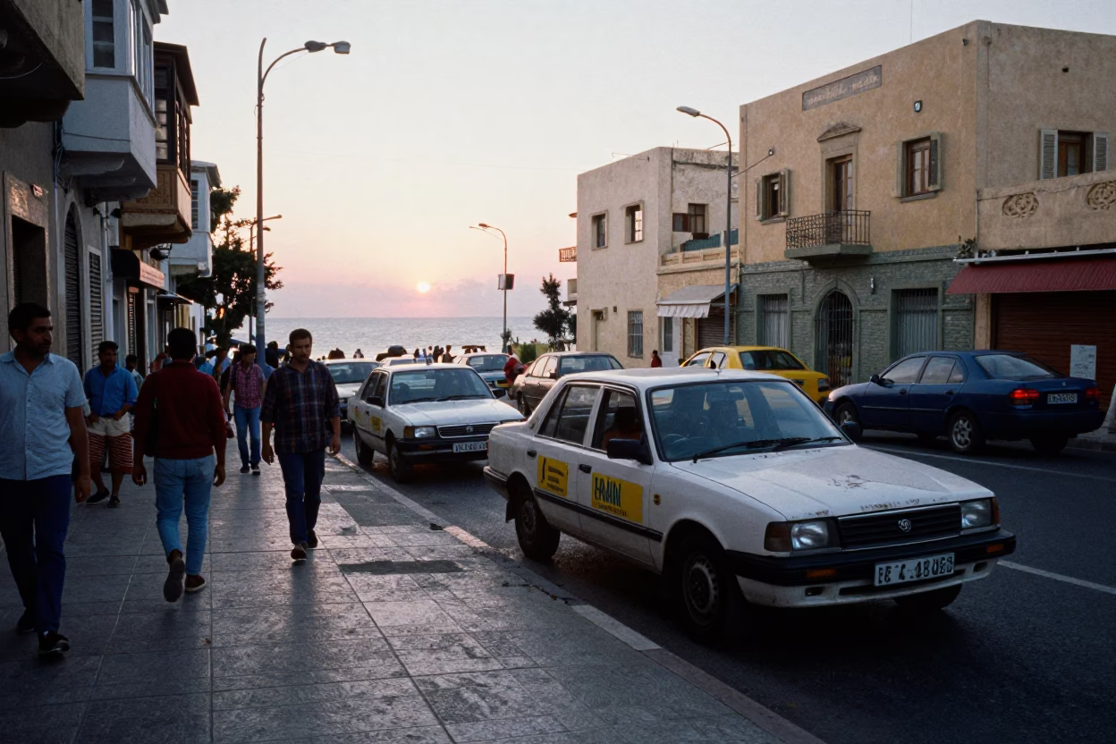Colorful Busy Morning Street Scene in Alexandria Egypt Just After Sunrise in in Alexandria, Egypt