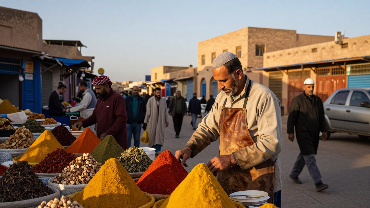 Colorful Busy Morning Street Scene in Fez Morocco Nautical Dawn in in Fez, Morocco