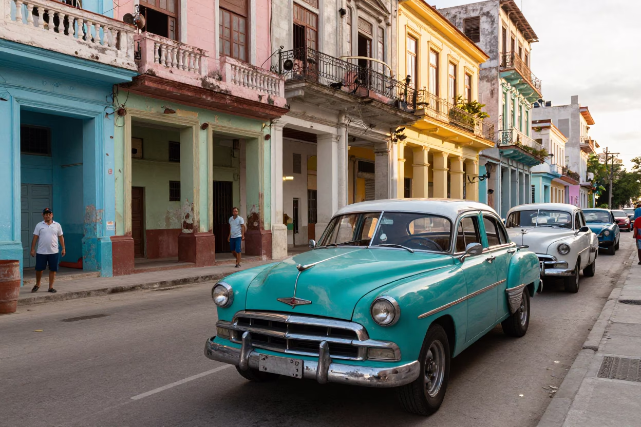 Colorful Busy Morning Street Scene in Havana Cuba with Vintage Cars and Local Life in in Havana, Cuba