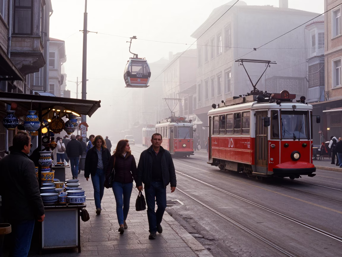 Colorful Busy Morning Street Scene in Istanbul Turkey with Tramway and Fog in in Istanbul, Turkey