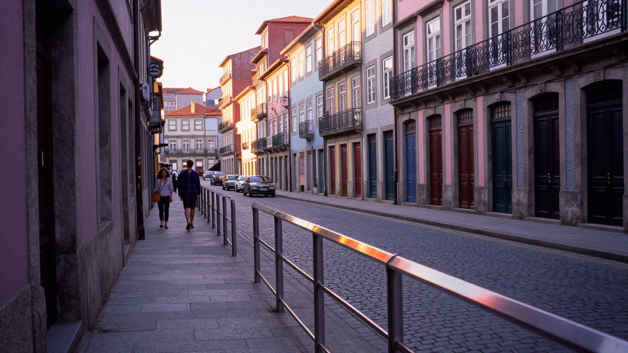 Colorful Busy Morning Street Scene in Porto Portugal Just After Sunrise in in Porto, Portugal