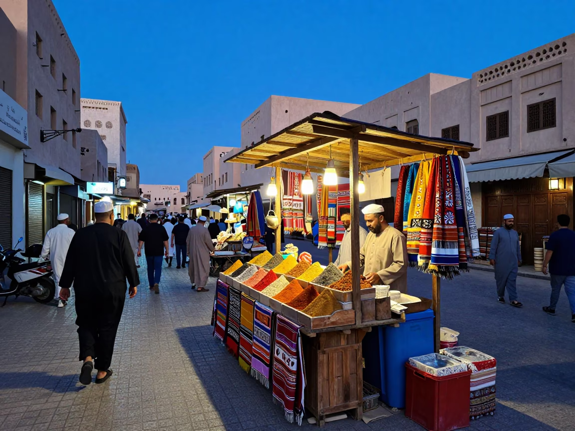 Colorful Busy Muscat Evening Street Scene with Local Vendor and Traditional Boat in Distance in in Muscat, Oman