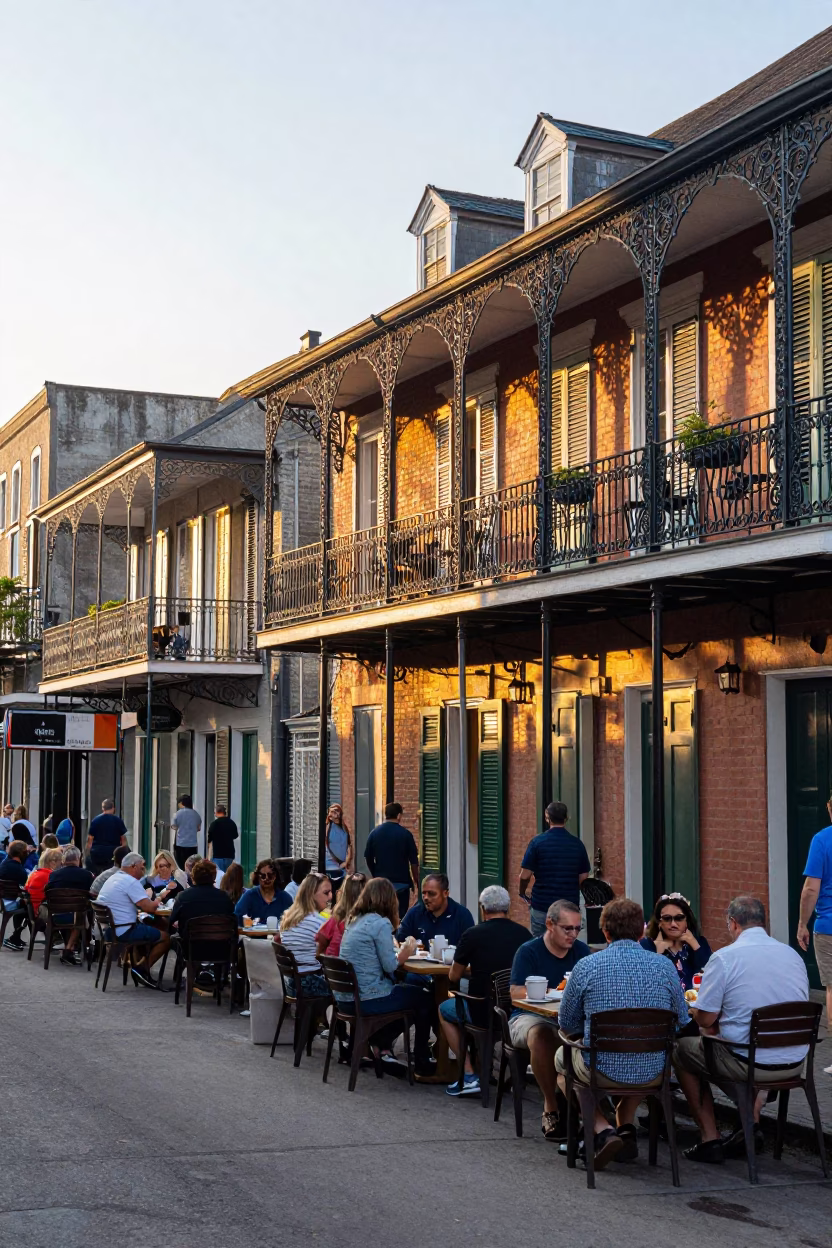 Colorful Busy New Orleans Street Scene at Dawn with Local Details in in New Orleans, Louisiana, United States