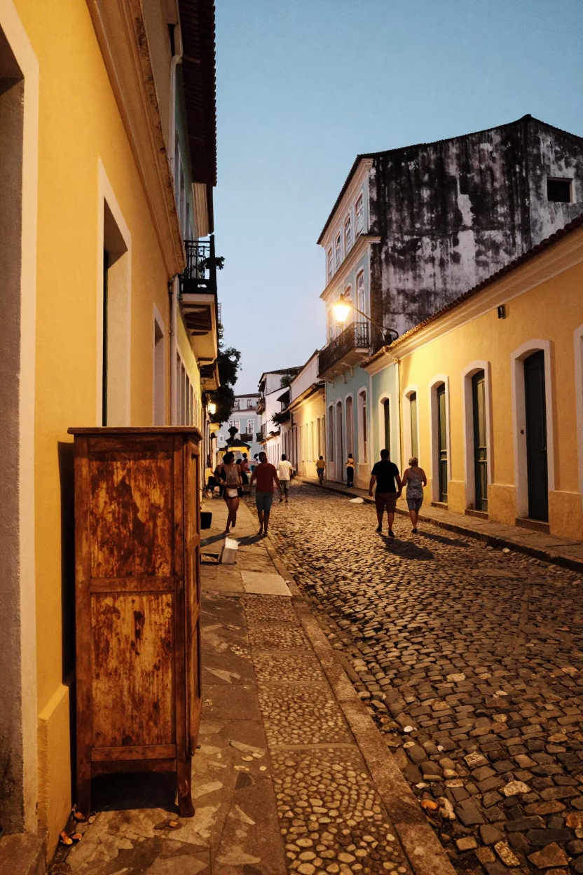 Colorful Busy Salvador Brazil Street Scene Early Evening with Rusty Cabinet and Bicycle Basket in in Salvador, Brazil