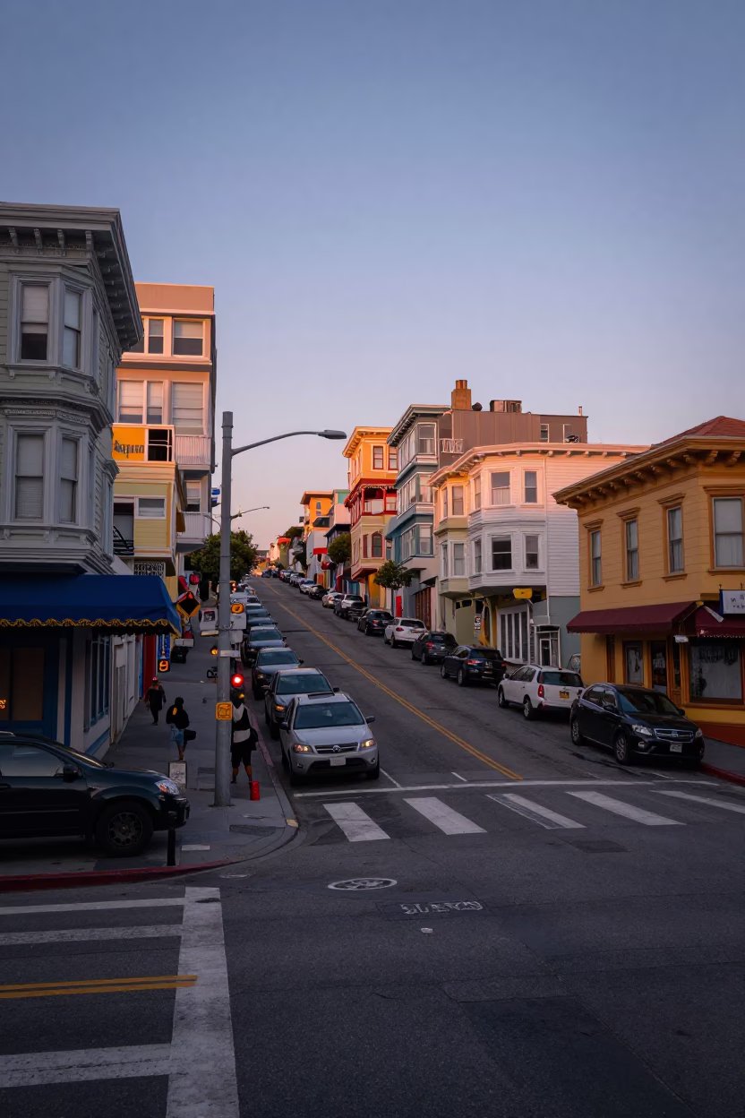 Colorful Busy San Francisco Street Scene Before Sunrise with Local Transit and Urban Details in in San Francisco, California, United States