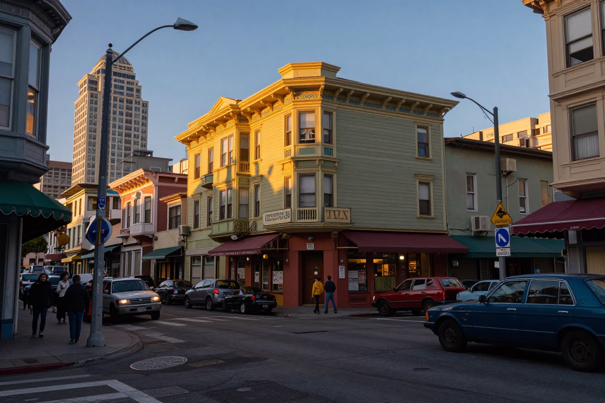 Colorful Busy San Francisco Street Scene Before Sunrise with Vintage Details in in San Francisco, California, United States