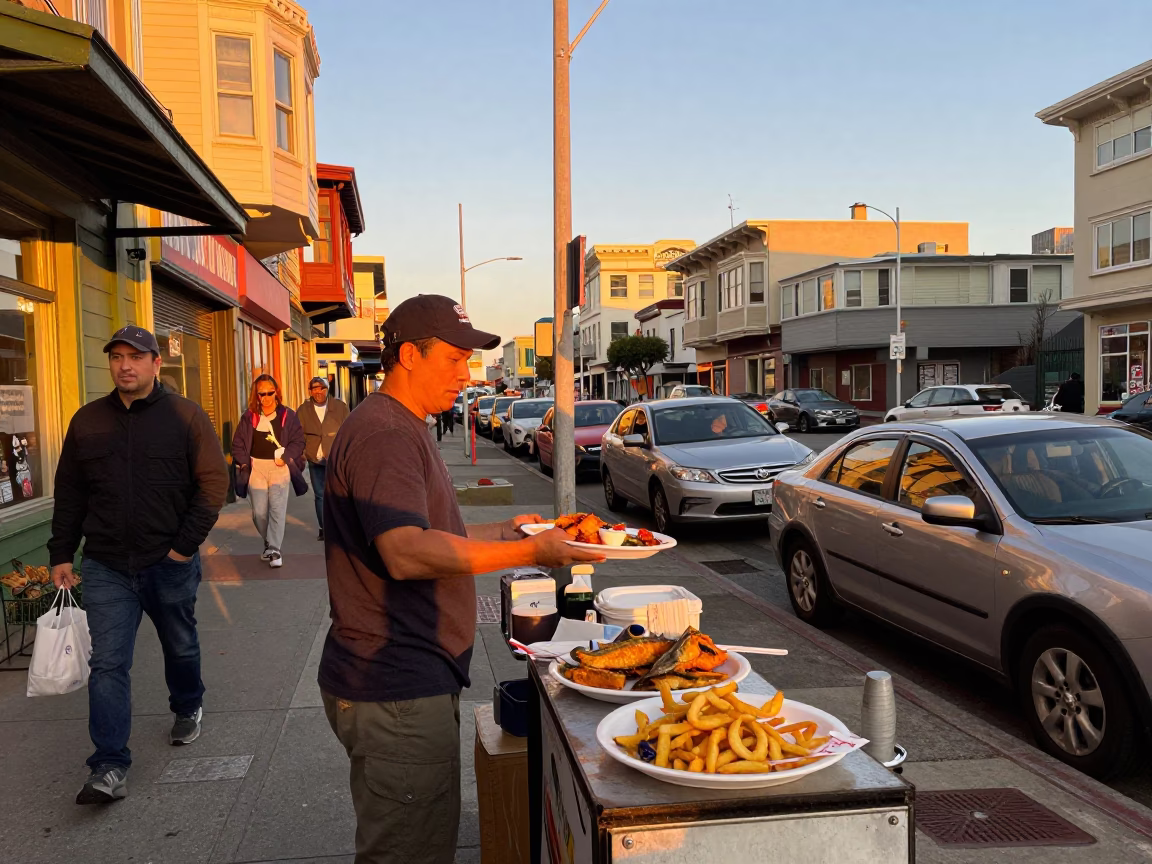 Colorful Busy San Francisco Street Scene with Fish and Chips in Honeyed Evening Light in in San Francisco, California, United States