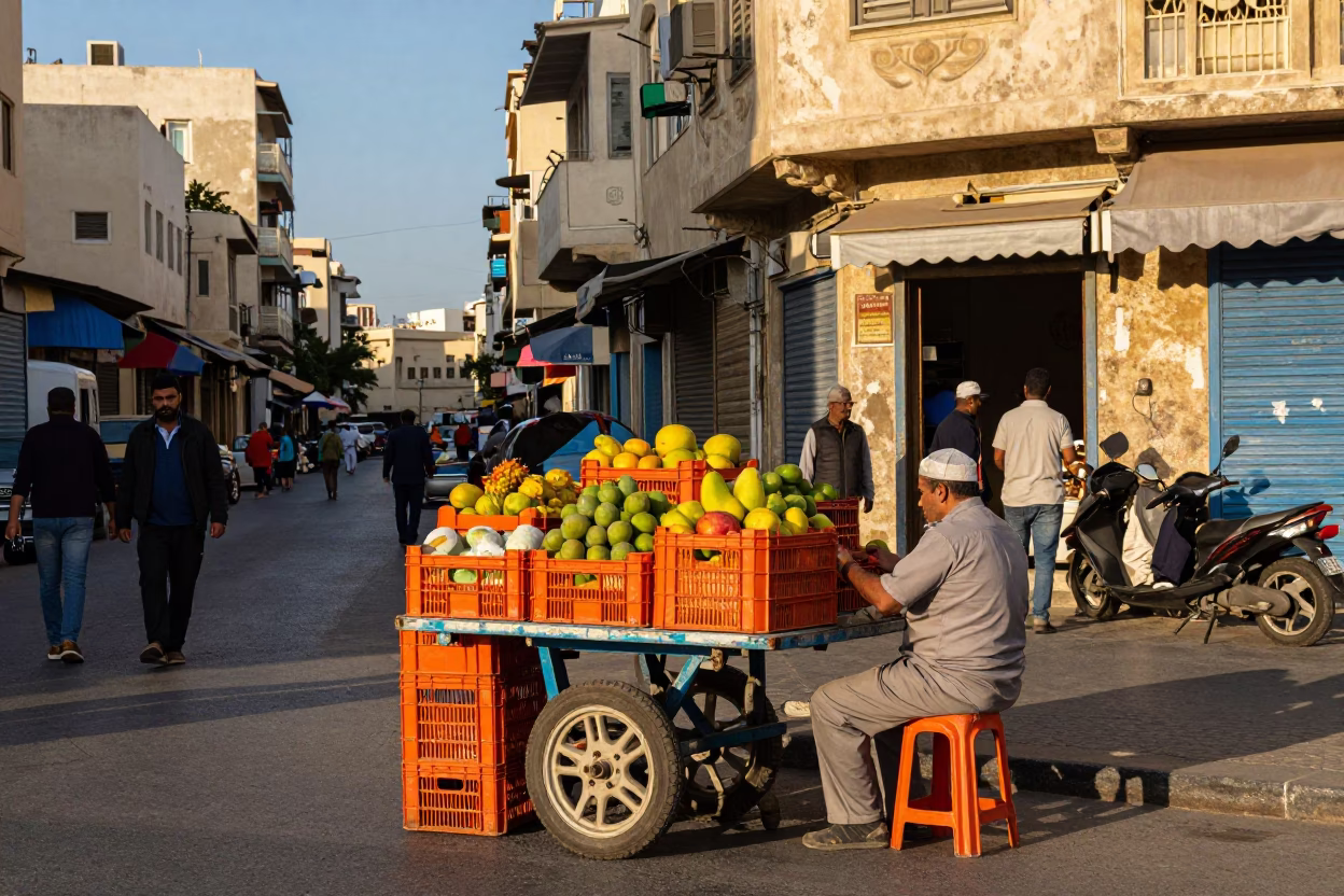 Colorful busy street scene in Alexandria Egypt late afternoon with fruit crate and blankets in in Alexandria, Egypt