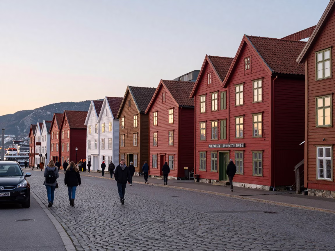 Colorful Busy Street Scene in Bergen Norway at Nautical Dawn with Traditional Wooden Houses in in Bergen, Norway