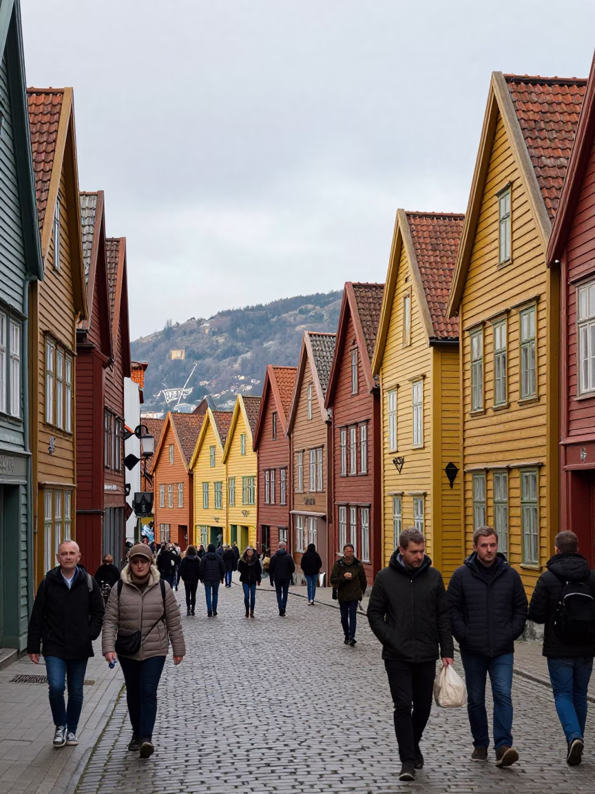 Colorful Busy Street Scene in Bergen Norway Early Afternoon with Wooden Houses in in Bergen, Norway