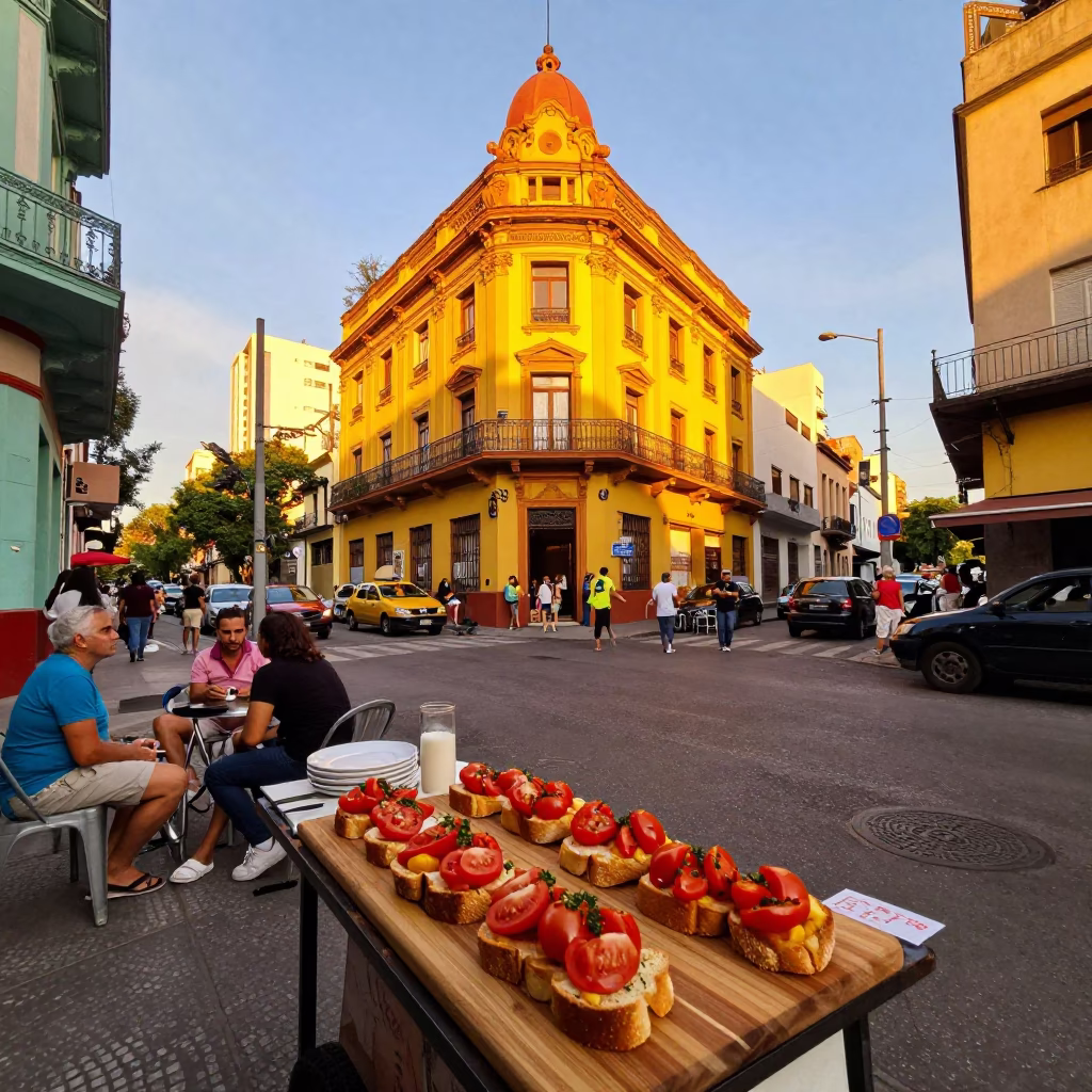 Colorful Busy Street Scene in Buenos Aires Argentina Honeyed Evening Light in in Buenos Aires, Argentina