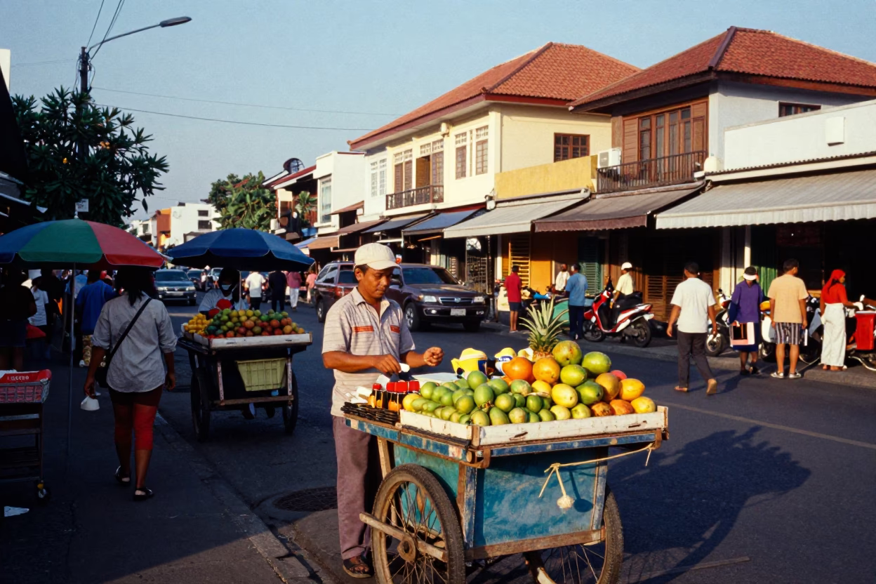 Colorful Busy Street Scene in Denpasar Indonesia Late Afternoon Light in in Denpasar, Indonesia