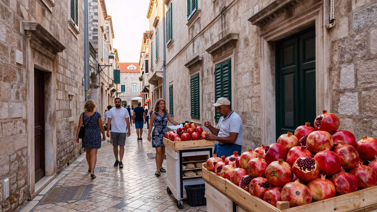 Colorful Busy Street Scene in Dubrovnik Croatia Just After Sunrise in in Dubrovnik, Croatia