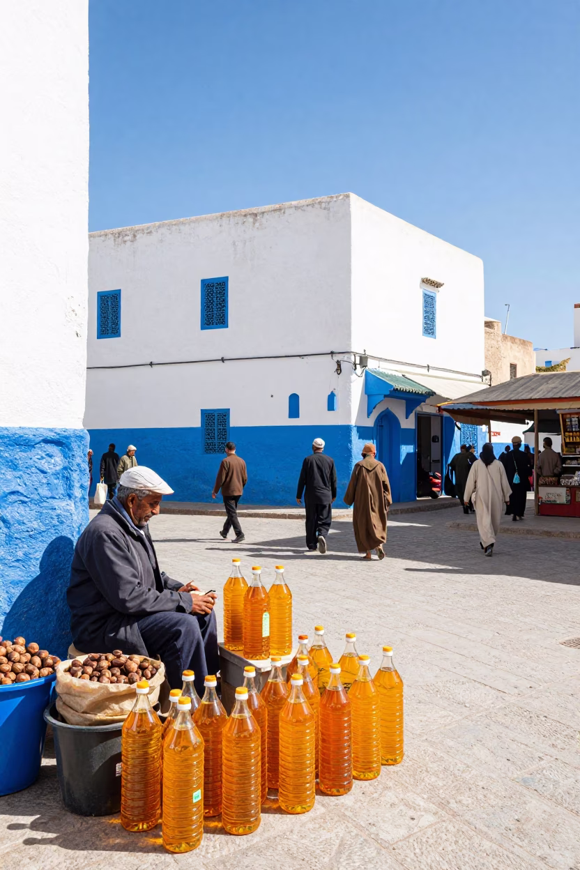 Colorful Busy Street Scene in Essaouira Morocco Midmorning Light with Local Life in in Essaouira, Morocco