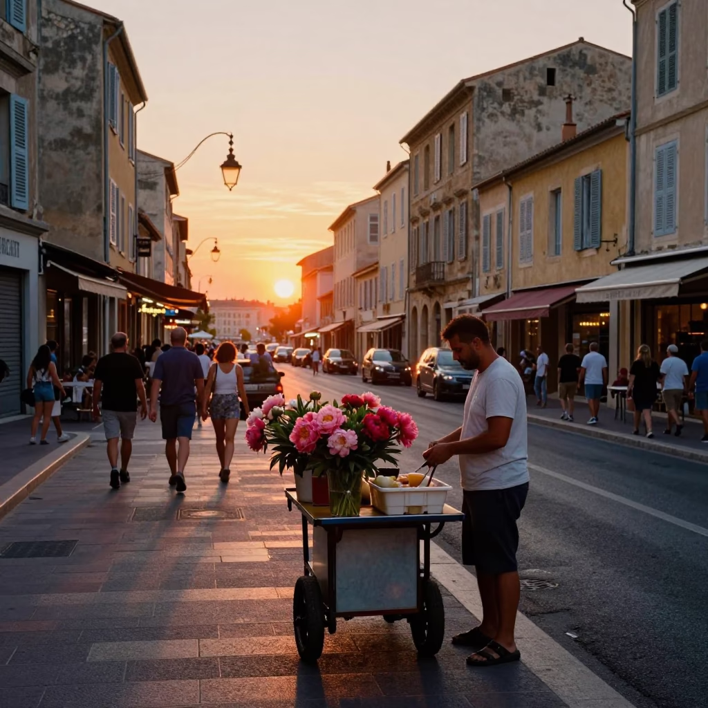 Colorful Busy Street Scene in Marseille France at Sunset with Local Life in in Marseille, France