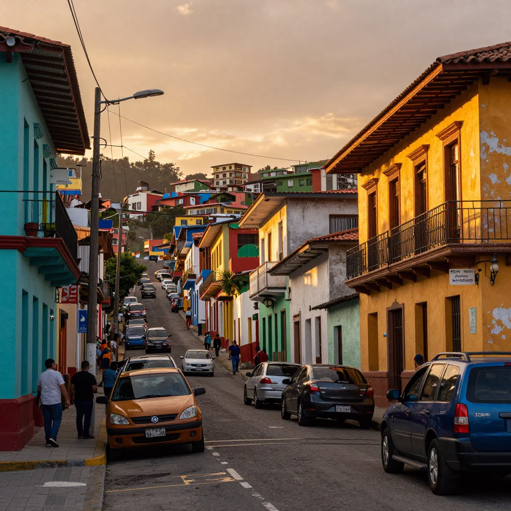 Colorful Busy Street Scene in Medellin Colombia at Sunset with Local Life in in Medellin, Colombia