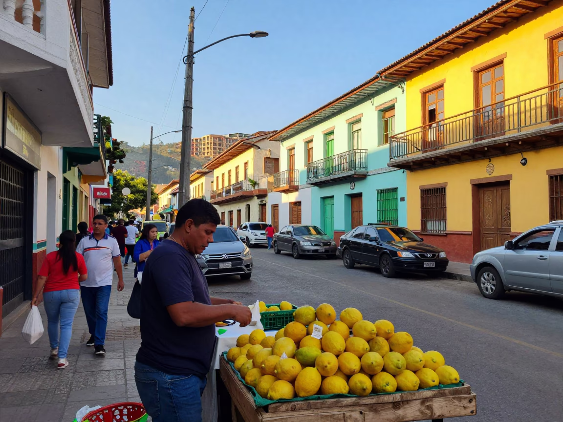 Colorful Busy Street Scene in Medellin Colombia Late Afternoon Light with Local Market Activity in in Medellin, Colombia