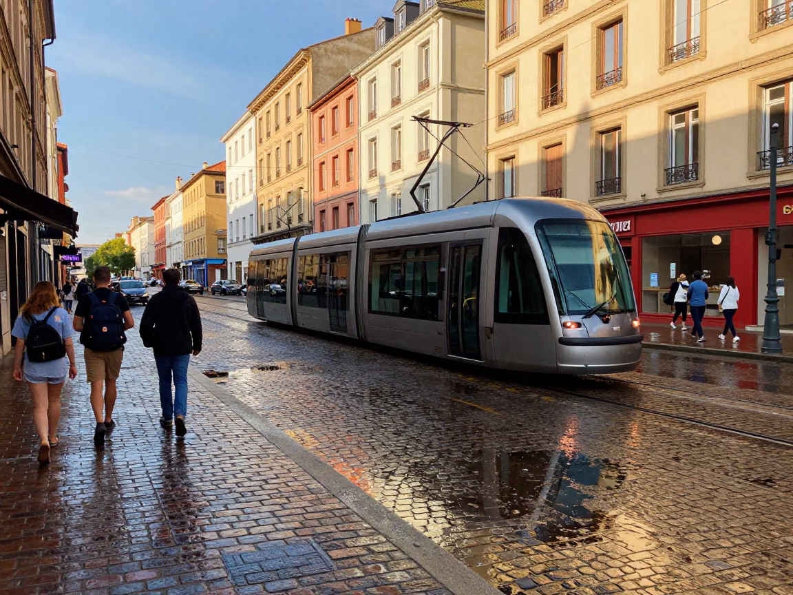 Colorful Busy Street Scene in Nice France Early Afternoon with Tramcar Reflection in in Nice, France