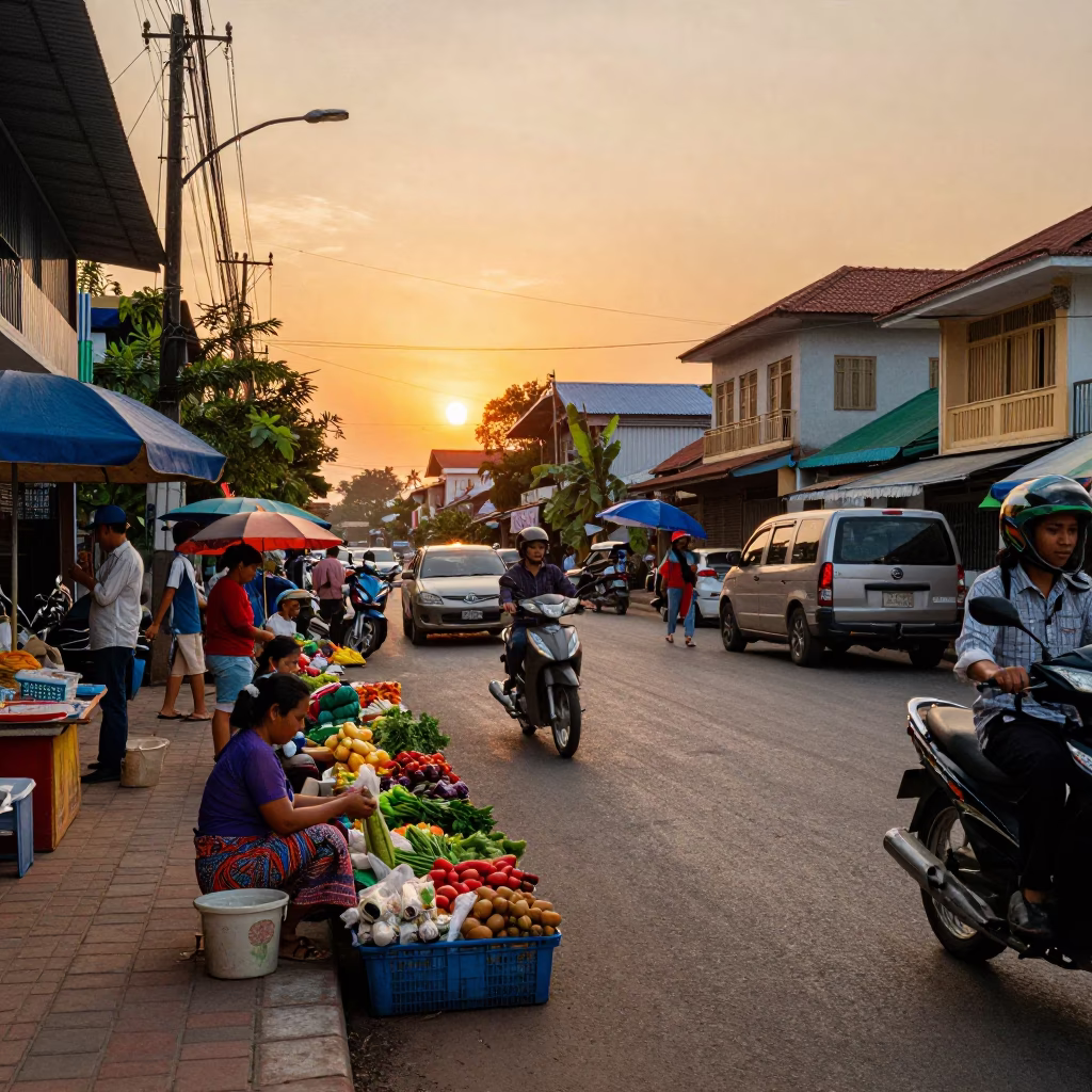 Colorful Busy Street Scene in Phnom Penh Cambodia at Sunset with Local Market Activity in in Phnom Penh, Cambodia
